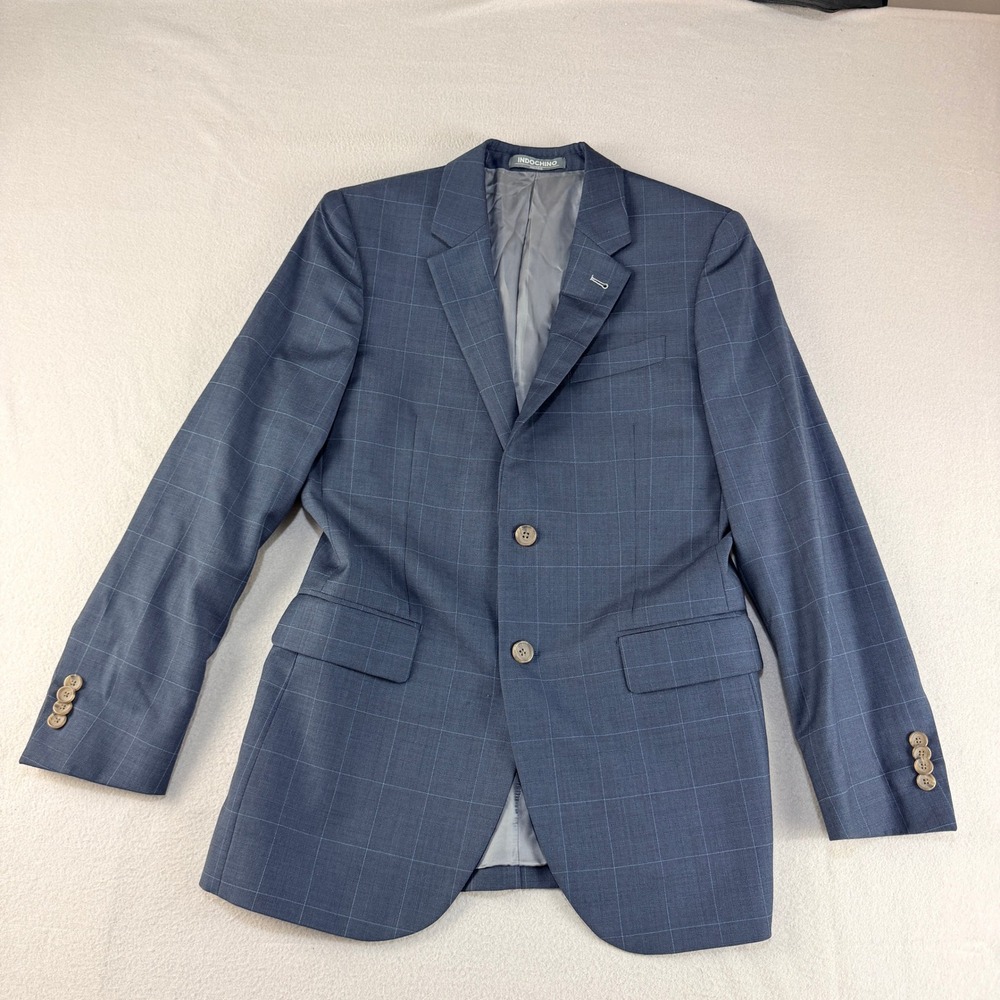 Indochino Mens Gray Windowpane Wool Two Button Blazer Sz 38 Sport Coat Jacket